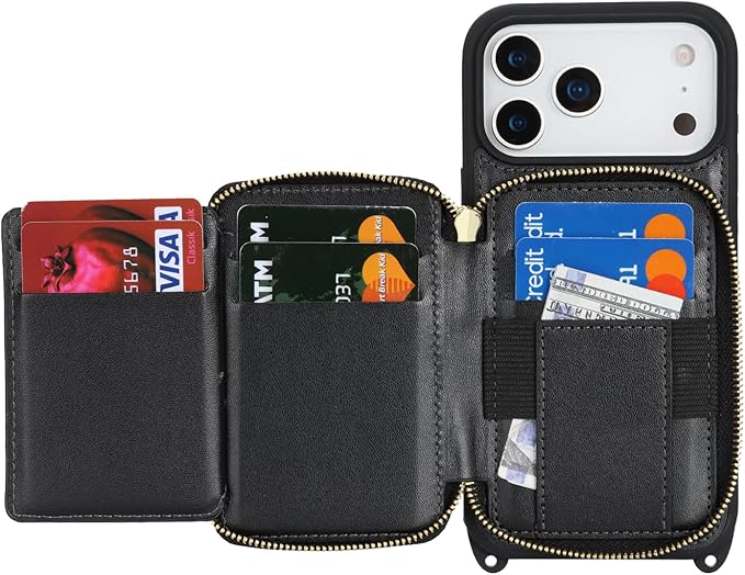 Crossbody Wallet Case for iPhone 17 Pro Max, PU Leather Zipper Handbag Purse Flip Cover, Kickstand Folio Case with Card Slots Holder Wrist Strap Lanyard 5G 6.9 Inch-Black