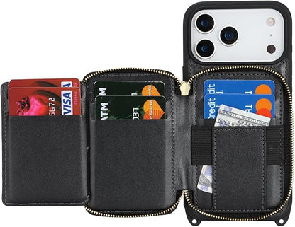 Crossbody Wallet Case for iPhone 17 Pro Max, PU Leather Zipper Handbag Purse Flip Cover, Kickstand Folio Case with Card Slots Holder Wrist Strap Lanyard 5G 6.9 Inch-Black