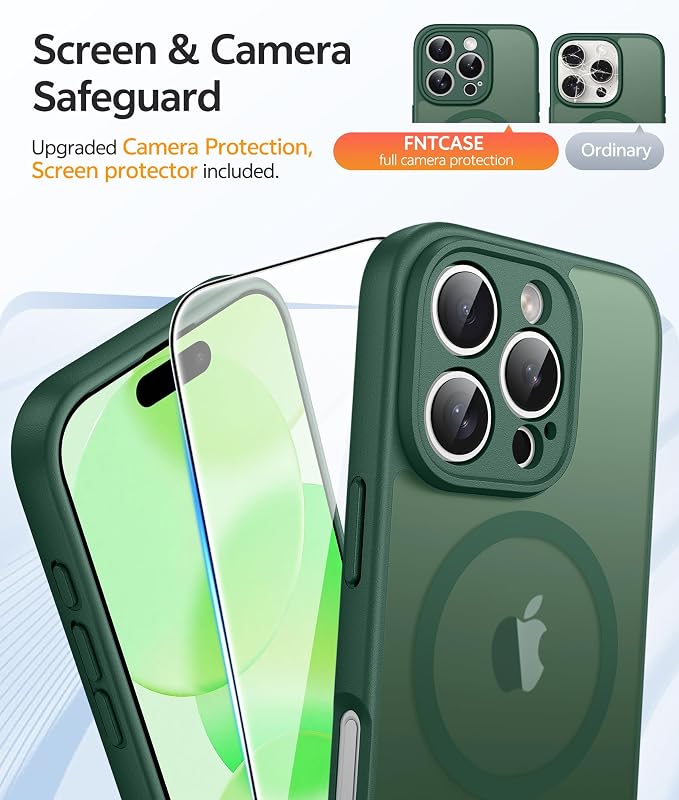 FNTCASE for iPhone 16 Pro Max Case: [Compatible with Magsafe] Translucent Matte Cases with [Full Camera Protection] [Screen Protector] Military Grade Shockproof Protective Phone Cover - Green
