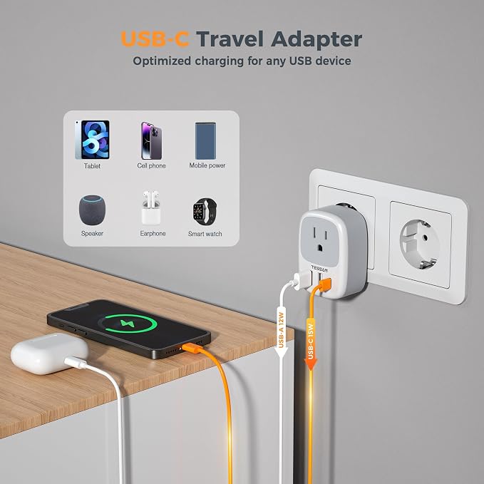 TESSAN 3 Pack US to European Travel Plug Adapter with 3 USB Ports (1 USB C)