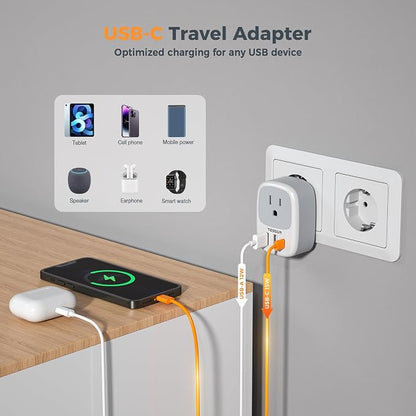 TESSAN 3 Pack US to European Travel Plug Adapter with 3 USB Ports (1 USB C)