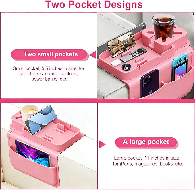 Silicone Couch Cup Holder for Tablet & Phone Stand, Sofa Arm Tray Organizer with Dual Side Pockets for Remotes Snacks Headphones & Glasses Drinks Anti-Slip & Heat Resistant Sofa Caddy (Pink)