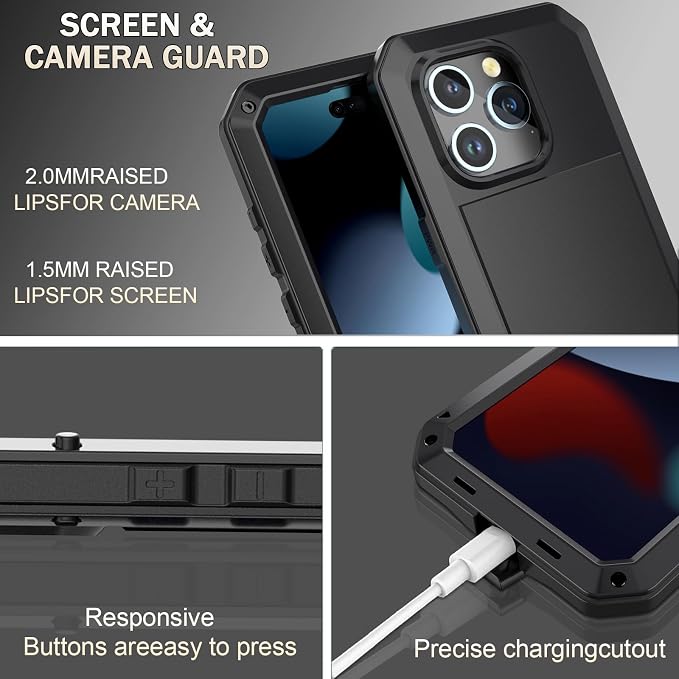 Marrkey for iPhone 14 Case, 360 Full Body Protective Cover Heavy Duty Shockproof Tough Armour Aluminum Metal Case with Silicone Built-in Screen Protector for Apple iPhone 14 6.1 Inch - Black