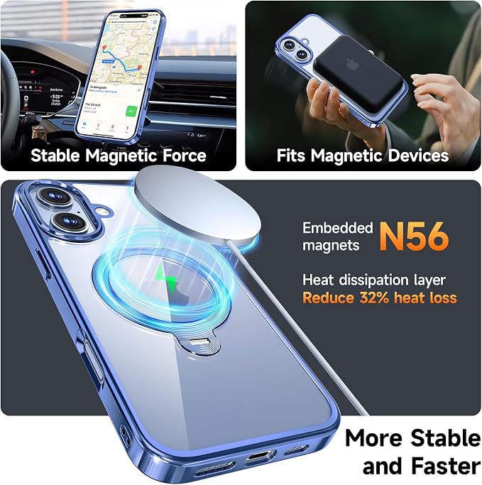 [Tri-Shield Protection] for iPhone 17 Case with 360° Spin Stand Compatible with MagSafe [Magnetic CD Ring] [Screen & Camera Lens Protector] Shockproof Plating Never-Yellowing, Blue-6.3"