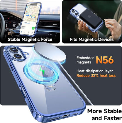 [Tri-Shield Protection] for iPhone 17 Case with 360° Spin Stand Compatible with MagSafe [Magnetic CD Ring] [Screen & Camera Lens Protector] Shockproof Plating Never-Yellowing, Blue-6.3"