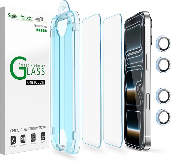 amFilm OneTouch Screen Protector for iPhone 17 Pro 6.3'' + Camera Lens Protector | Auto-Alignment Install | Bubble Free | 9H Tempered Glass | Shatterproof | FHD Clarity | Case Friendly | 2+4 Pack