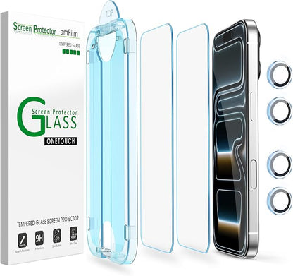 amFilm OneTouch Screen Protector for iPhone 17 Pro 6.3'' + Camera Lens Protector | Auto-Alignment Install | Bubble Free | 9H Tempered Glass | Shatterproof | FHD Clarity | Case Friendly | 2+4 Pack