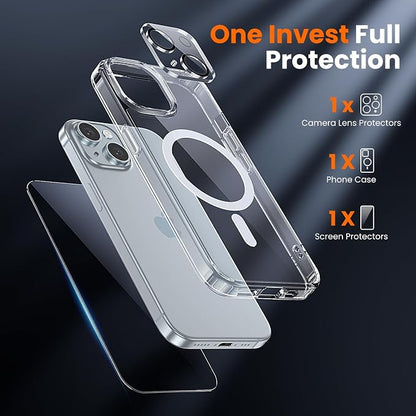 3 in 1 for iPhone 15 Plus Case Clear with MagSafe, Not Yellowing, Screen Protector*1 Camera Lens Protector*1, Military-Grade Protection for iPhone 15 Plus Phone Case 6.7 inch Clear