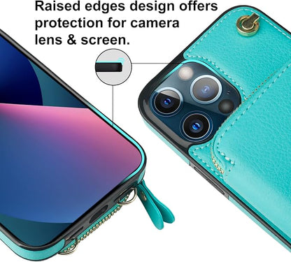 Bocasal Crossbody Wallet Case for iPhone 13 Pro Max, RFID Blocking Leather Purse Case with Card Holder, Protective Handbag Flip Cover with Zipper Wrist Strap Lanyard for Women 5G 6.7 Inch (Mint Green)