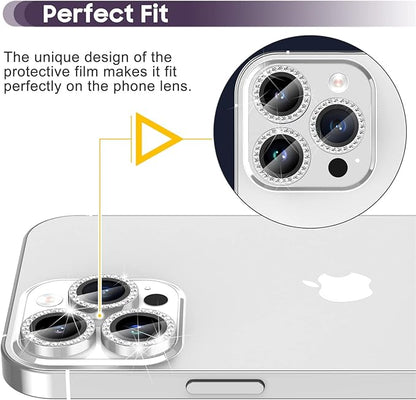 Suoman for iPhone 14 Pro Max / 14 Pro Camera Lens Protector, [Diamonds Bling] 9H Tempered Glass, Full Coverage Metal Protective Cover- Diamond Silver