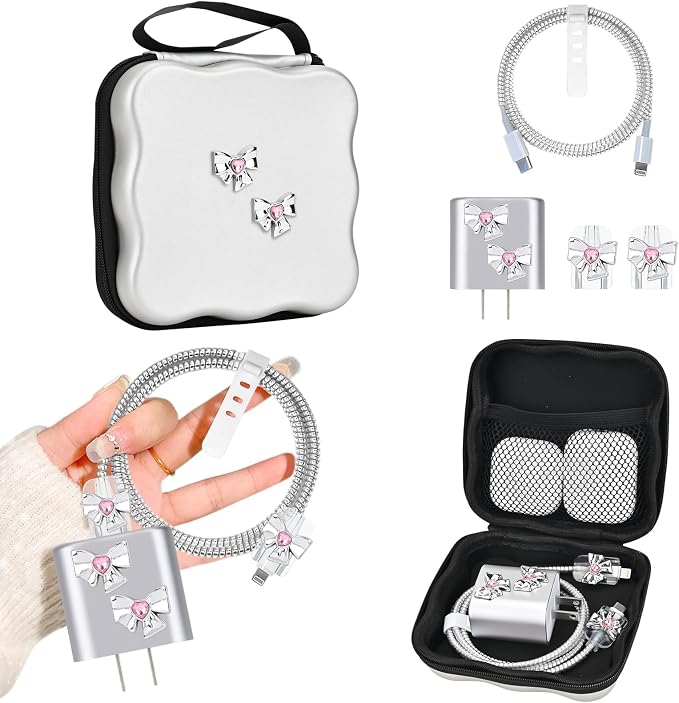 CameCosy Silver Phone Charger Storage Case Cover Sets for iPhone with Cable Protector Earphone Wire Saver, Portable Travel Storage Bag, Cute Cable Charger Protector Cord Organizer (Diamond Bow Tie)