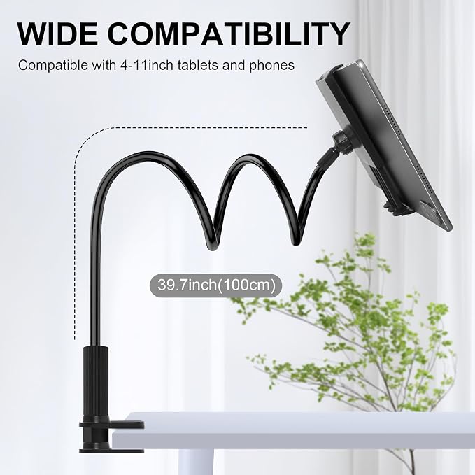Gooseneck Phone Holder-Cell Phone iPad Stand with 39inch Flexible Long Lazy Arm, 360° Adjustable, Clamp Mount Stand for Desk, Bed, Office, Kitchen-for iPhone, All 4‘’-11" Smartphone and Tablets