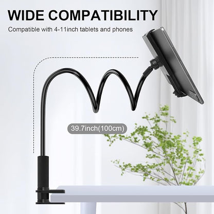 Gooseneck Phone Holder-Cell Phone iPad Stand with 39inch Flexible Long Lazy Arm, 360° Adjustable, Clamp Mount Stand for Desk, Bed, Office, Kitchen-for iPhone, All 4‘’-11" Smartphone and Tablets