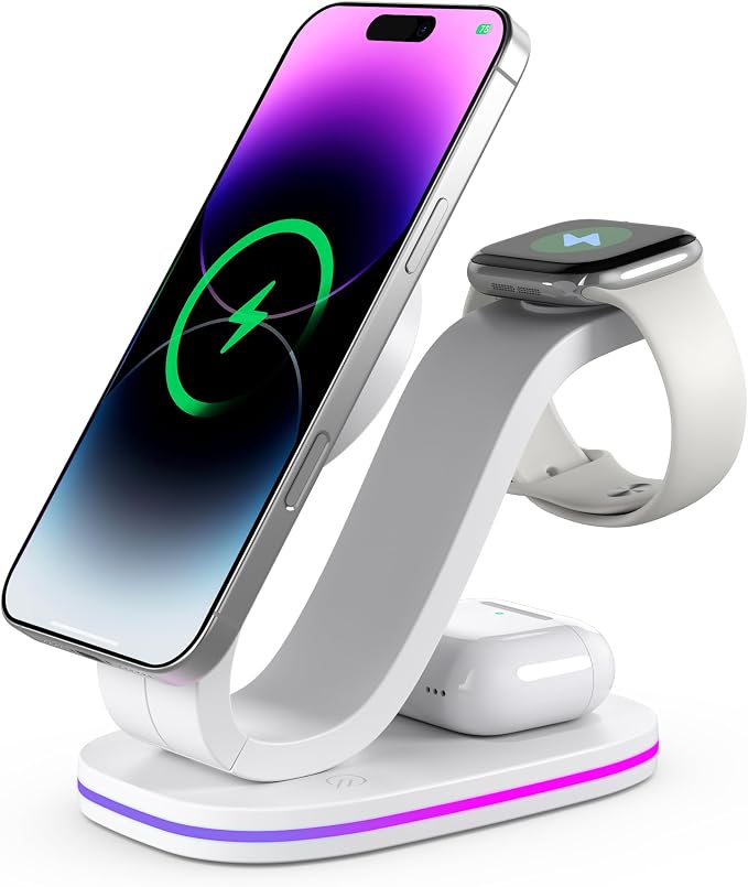 3 in 1 Charging Station for iPhone, Qi2 15W Charger Station Compatible Mag-Safe with iPhone 17 16e 16 15 14 13 12 11 X Pro Max & Apple Watch - Wireless Charging Station for AirPods (White 3 in 1)