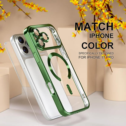 Misea Magnetic for iPhone 17 Pro Case Compatible with MagSafe [Never Yellowing] [Military Grade Drop Protection] Full Camera Lens Protector Plating Soft Clear Phone Case for Women, Green