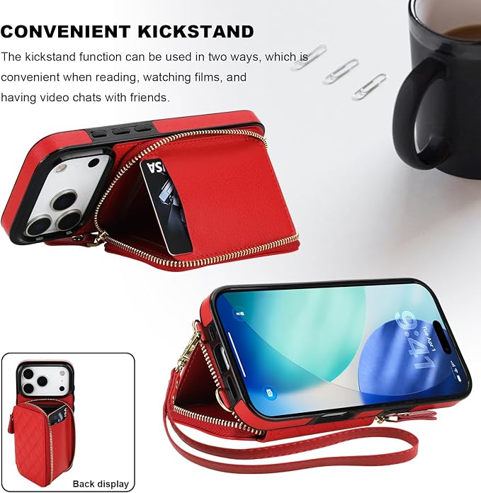 Bocasal Crossbody Wallet Case for iPhone 17 Pro, RFID Blocking PU Leather Zipper Handbag Purse Flip Cover, Kickstand Folio Case with Card Slots Holder Wrist Strap Lanyard 5G 6.3 Inch (Red)