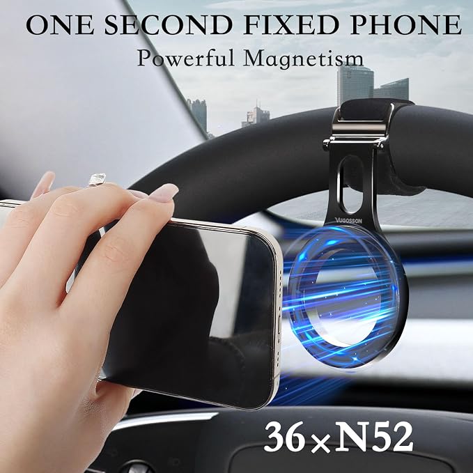 Magnetic Phone Holder for Tesla, Steering Wheel Phone Mount for MagSafe Car Holder, Work on iPhone,Samsung and All Phones, Magnetic Ring Included (Black)