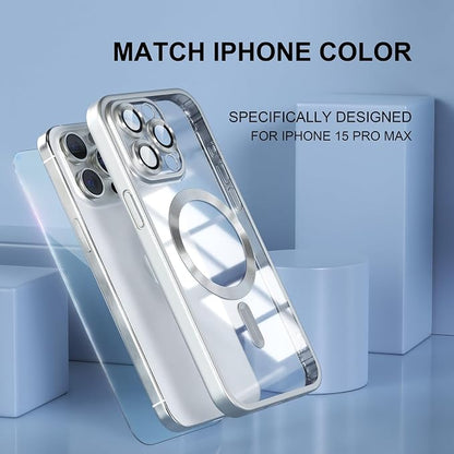 Misea Magnetic for iPhone 15 Pro Max Case [Never Yellowing] [Military Grade Drop Protection] Full Camera Lens Protector Soft Clear Phone Case for Women Girls, Titanium Silver