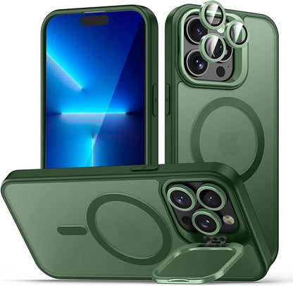 for iPhone 13 Pro Max Case, Compatible with MagSafe, 3-in-1 Camera Ring Stand, with 9H Camera Lens Cover, Non-Slip Translucent Matte Military-Grade Drop Protection Magnetic Case, Green