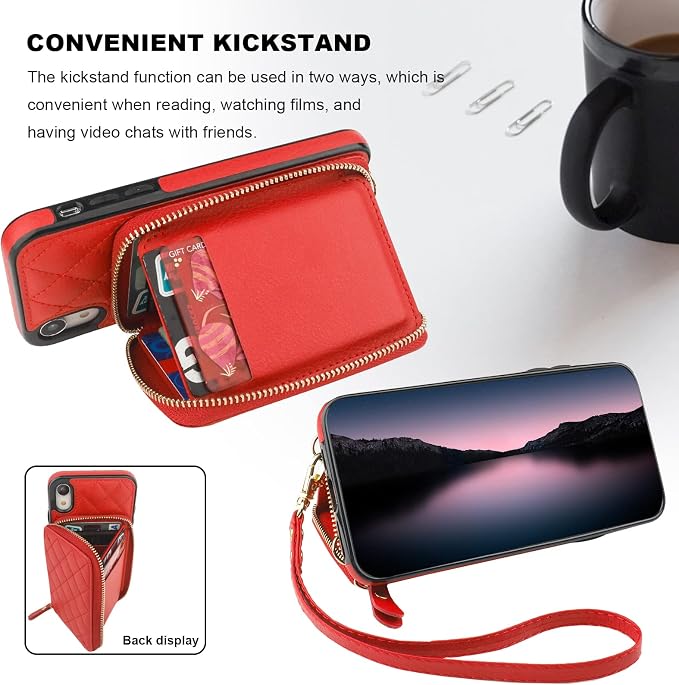Bocasal Crossbody Wallet Case for iPhone Xr, RFID Blocking PU Leather Zipper Handbag Purse Flip Cover, Kickstand Folio Case with Card Slots Holder Wrist Strap Lanyard 6.1 Inch (Red)