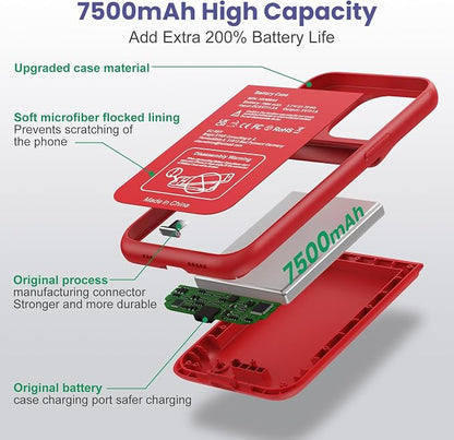 Battery Case for iPhone 13/13Pro/14,7500mah Ultra-Slim Protective Charging Case, Portable Rechargeable Expandable Battery Charger Cover Compatible with iPhone 13/13Pro/14 (6.1 Inch)-Red