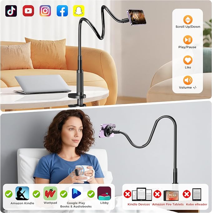 Magnetic Phone Holder for Bed Laying Down with Page Turner, Gooseneck Cell Phone Stand with Reading Clicker, 360°Flexible Long Arm Mount with Wireless Scrolling Ring for Titok iPhone Android.