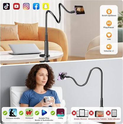 Magnetic Phone Holder for Bed Laying Down with Page Turner, Gooseneck Cell Phone Stand with Reading Clicker, 360°Flexible Long Arm Mount with Wireless Scrolling Ring for Titok iPhone Android.