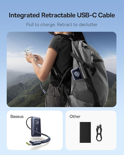 Baseus Enercore Power Bank, 10000mAh Fast Charging Portable Charger Built-in 45W Retractable USB-C Cable, Battery Pack for iPhone 16/15 Series, Samsung, Google Pixel, iPad, AirPods, Drone, Go Pro