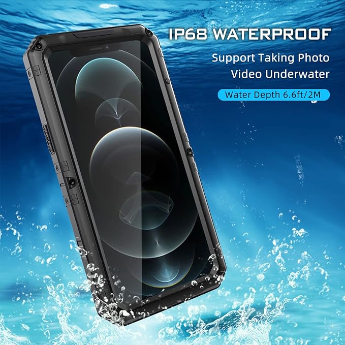 Mitywah Waterproof Case for iPhone 12 Pro, Heavy Duty Shockproof Case with Built-in Screen Protector, Full Body Underwater Protective Metal Case 6.1 inch, Black