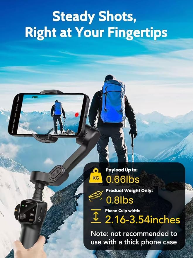 AOCHUAN 3-axis Gimbal Stabilizer for iPhone w/Built-in 7.8' Extension Rod, Smartphone Gimbal w/AI Tracking, Portable Phone Holder for iPhone & Android w/Full-Screen OLED Display, Smart V8(Black)
