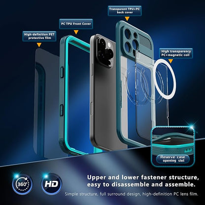 Omio for iPhone 16 Pro Max Waterproof Case Compatible with MagSafe, Magnetic Waterproof Full Body IP68 Underwater Case Built-in Screen Protector Military Grade Shockproof Case for Men Women Teal