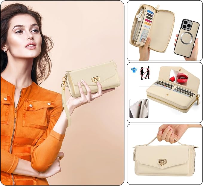 Crossbody Wallet Case for iPhone 16 Pro 6.3", Magnetic Detachable Floral PU Leather Phone Case with RFID Blocking Card Holder Wristlet Mirror Flip Zipper Shoulder Purse Bag for Women - White
