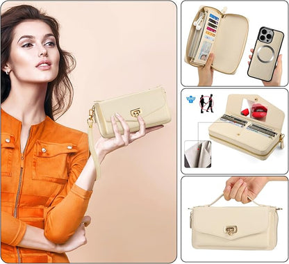 Crossbody Wallet Case for iPhone 16 Pro 6.3", Magnetic Detachable Floral PU Leather Phone Case with RFID Blocking Card Holder Wristlet Mirror Flip Zipper Shoulder Purse Bag for Women - White