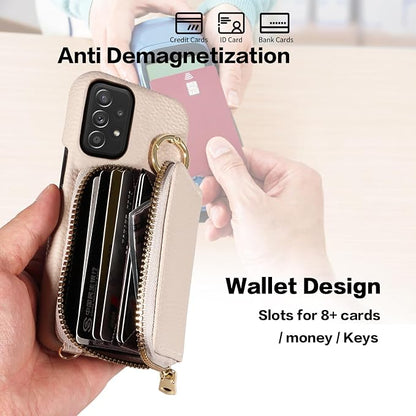 Wallet Case for Samsung Galaxy A52/A52S 5G with Shoulder Strap Ring Buckle, PU Leather Zipper Organ Purse, Credit Card Holder Stand Cell Phone Cover for A 52 S 4G G5 52A S52 52S Women Men White