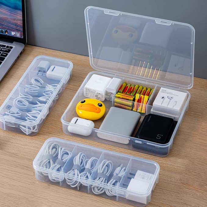 Vidifor 2-Pack Clear Cable Organizer Box with 16 Cable Ties, Portable Cord & Charger Storage for Drawer, Desk, Office & Home (2, Large)