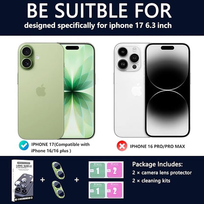 2 Pack Camera Lens Protector for iPhone 17,Metal AR Tempered Glass Rear Camera Screen Cover,Anti-Scratch,Strong Adsorption,Case Friendly, Easy to Install-Light Green