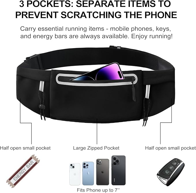 Running Belt Fanny Pack:3 Pocket Waist Bag for Men Women Workout Exercise Fitness Phone Holder Fits All Phones - Runner Marathon Jogging Race Belt with Bib Clip (Black)