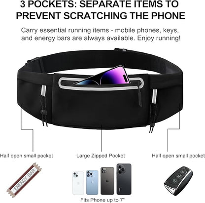 Running Belt Fanny Pack:3 Pocket Waist Bag for Men Women Workout Exercise Fitness Phone Holder Fits All Phones - Runner Marathon Jogging Race Belt with Bib Clip (Black)