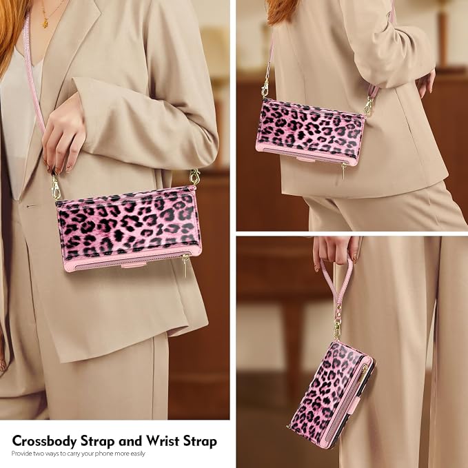 Antsturdy Compatible with iPhone 15 Wallet Case for Women【RFID Blocking】 Crossbody Phone Case PU Leather Zipper Wrist Strap Flip Cover Credit Card Holder Slots,for Apple 15 6.1",Leopard-Pink