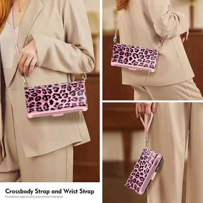 Antsturdy Compatible with iPhone 15 Wallet Case for Women【RFID Blocking】 Crossbody Phone Case PU Leather Zipper Wrist Strap Flip Cover Credit Card Holder Slots,for Apple 15 6.1",Leopard-Pink