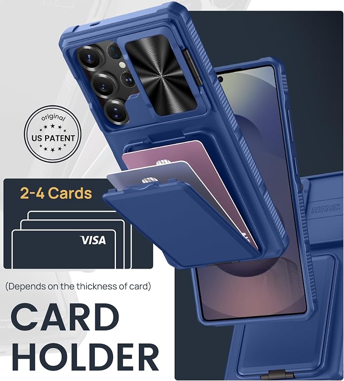 SSLOTSCASE for Samsung Galaxy S25 Ultra Case with Stand & Credit Card Holder & Sliding Camera Cover, Full-Body Drop Proof TPU Soft Silicone Edge Protective Case Cover for Galaxy S25 Ultra 6.9‘’, Blue
