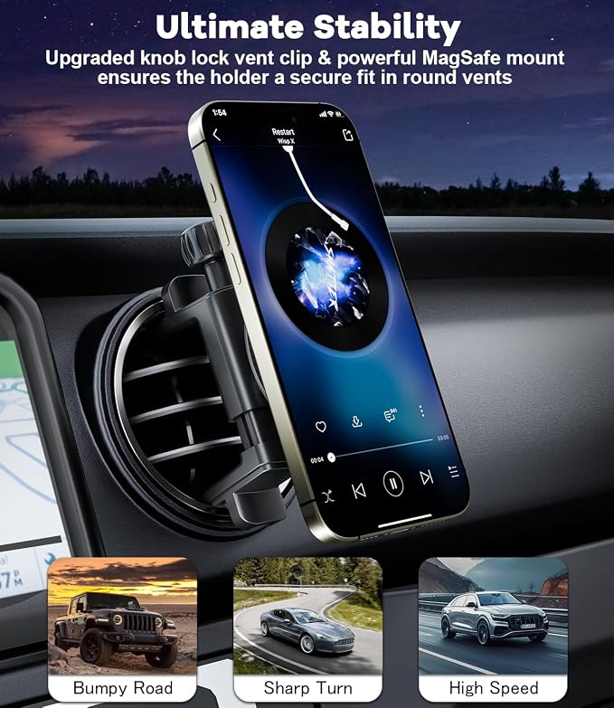 Magnetic Round Vent Car Phone Holder for Jeep Wrangler JL(2018-2025) Gradiator (2020-2024) Compass (2009-2016), Air Vent Car Mount Compatible with MagSafe for iPhone 17 16 15 14 13 12