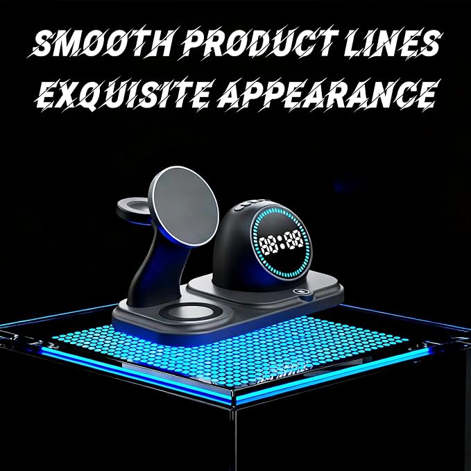 Wireless Charging Station with Clock,6-in-1 Charging Stand for Multiple Devices for iPhone 17 16 15 14 13 12 Pro Max, Apple Watch, Airpods, Bluetooth Speaker + RGB Light