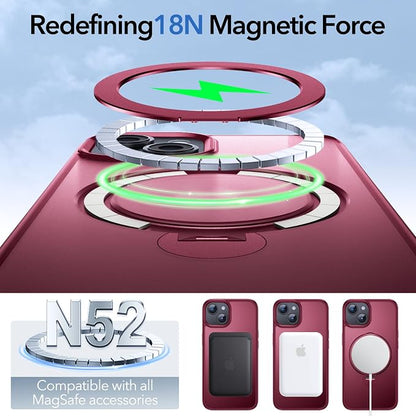 Anqrp 360° All-in-ONE Stand Case for iPhone 14/13 Case with Rotatable Magnetic Kickstand Ring Holder, Compatible with Mag-Safe, MIL-Grade Shockproof iPhone 14/13 Phone Case Cover, Red