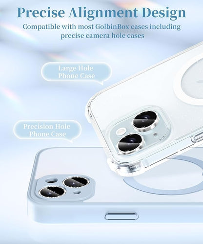 GolbinBox Camera Lens Protector for iPhone 15/15 Plus, 1:1 Invisible Fit, 9H Tempered Glass Ultra HD Metal Individual Camera Cover for Women, Case Friendly, Bling/Silver
