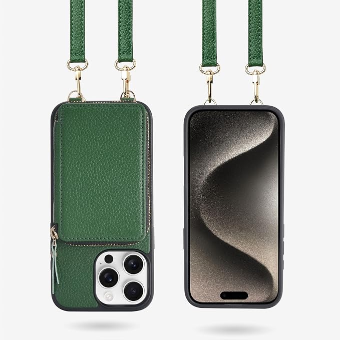 ZVE for iPhone 16 Pro Max Wallet Case, Zipper Crossbody Case with Card Holder Wrist Strap Phone Purse Cover for Women for iPhone 16 Pro Max 6.9" Dark Green