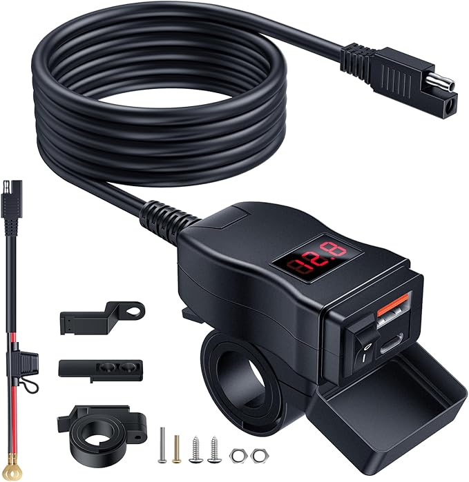 EXTRACTME Motorcycle USB Charger, Dual USB Type C PD & Quick Charge 3.0 Motorcycle Phone Charger with Voltmeter & ON/Off Switch, Waterproof Motorcycle Accessories for All Phone, Tablet, GPS