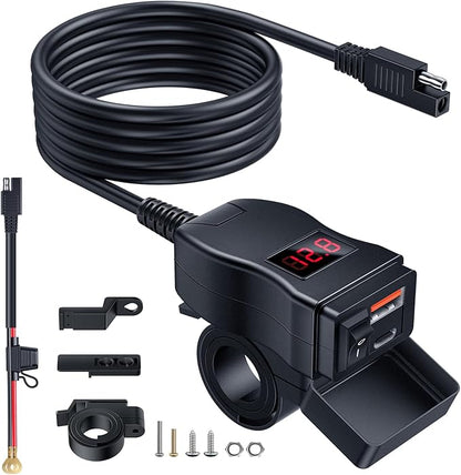 EXTRACTME Motorcycle USB Charger, Dual USB Type C PD & Quick Charge 3.0 Motorcycle Phone Charger with Voltmeter & ON/Off Switch, Waterproof Motorcycle Accessories for All Phone, Tablet, GPS