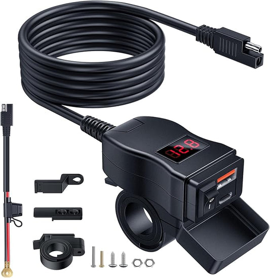 EXTRACTME Motorcycle USB Charger, Dual USB Type C PD & Quick Charge 3.0 Motorcycle Phone Charger with Voltmeter & ON/Off Switch, Waterproof Motorcycle Accessories for All Phone, Tablet, GPS