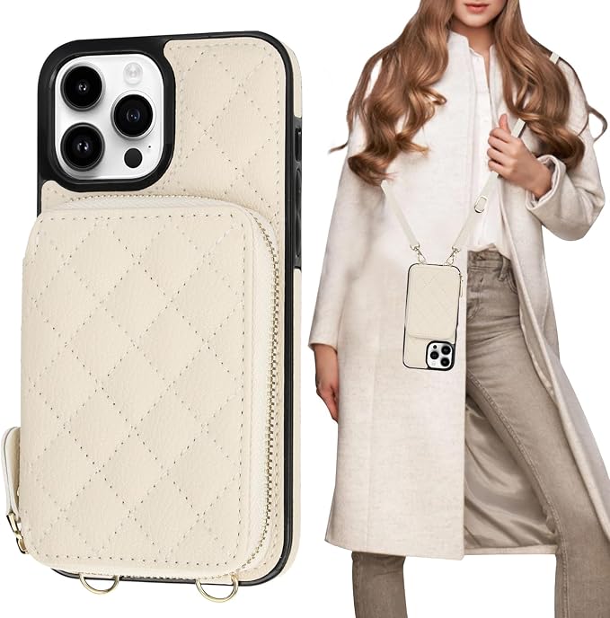 Bocasal Crossbody Wallet Case for iPhone 13 Pro Max, RFID Blocking PU Leather Zipper Handbag Purse Flip Cover, Kickstand Folio Case with Card Slots Holder Wrist Strap Lanyard 5G 6.7 Inch (Beige)